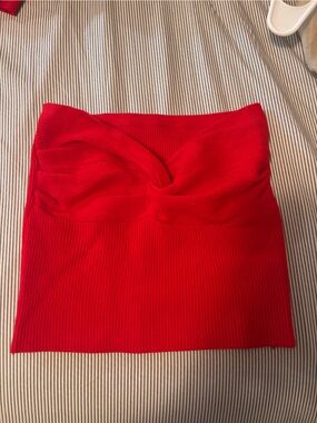 Buckle Red Ribbed Twist-Front Tube Top